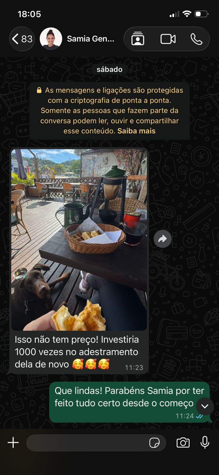 Print de WhatsApp da tutora Samia com a cadela em um café, dizendo que investiria mil vezes no adestramento de novo